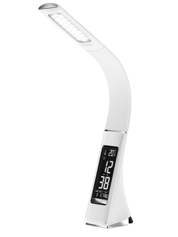 TL-219 (W белый, настольный светодиодный светильник с часами и термотром, 6Вт, с USB разъемом)